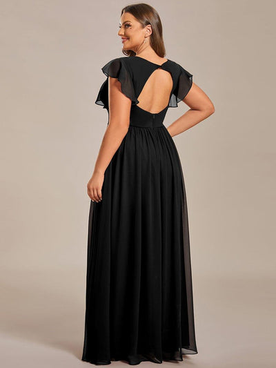 Plus Size V-Neck Open Back Ruffled Sleeves Chiffon Bridesmaid Dress #color_Black