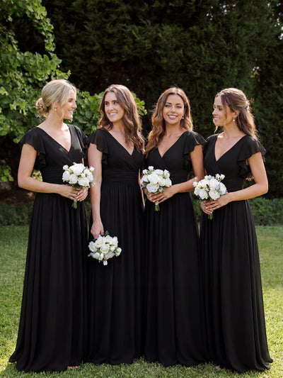 ever LILYANA|Elegant V-Neck Open Back Chiffon Bridesmaid Dress with Ruffled Sleeves