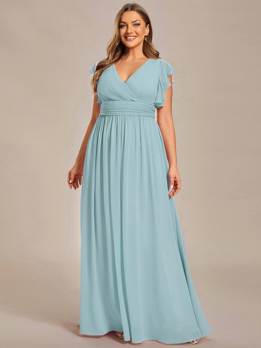 Elegant V-Neck Open Back Chiffon Dress with Ruffled Sleeves in Black #color_Sky Blue