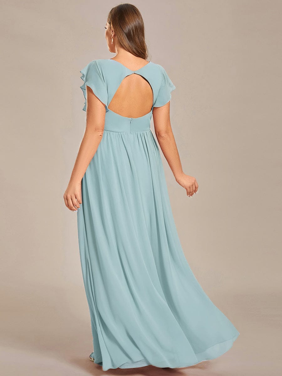 Elegant V-Neck Open Back Chiffon Dress with Ruffled Sleeves in Black #color_Sky Blue