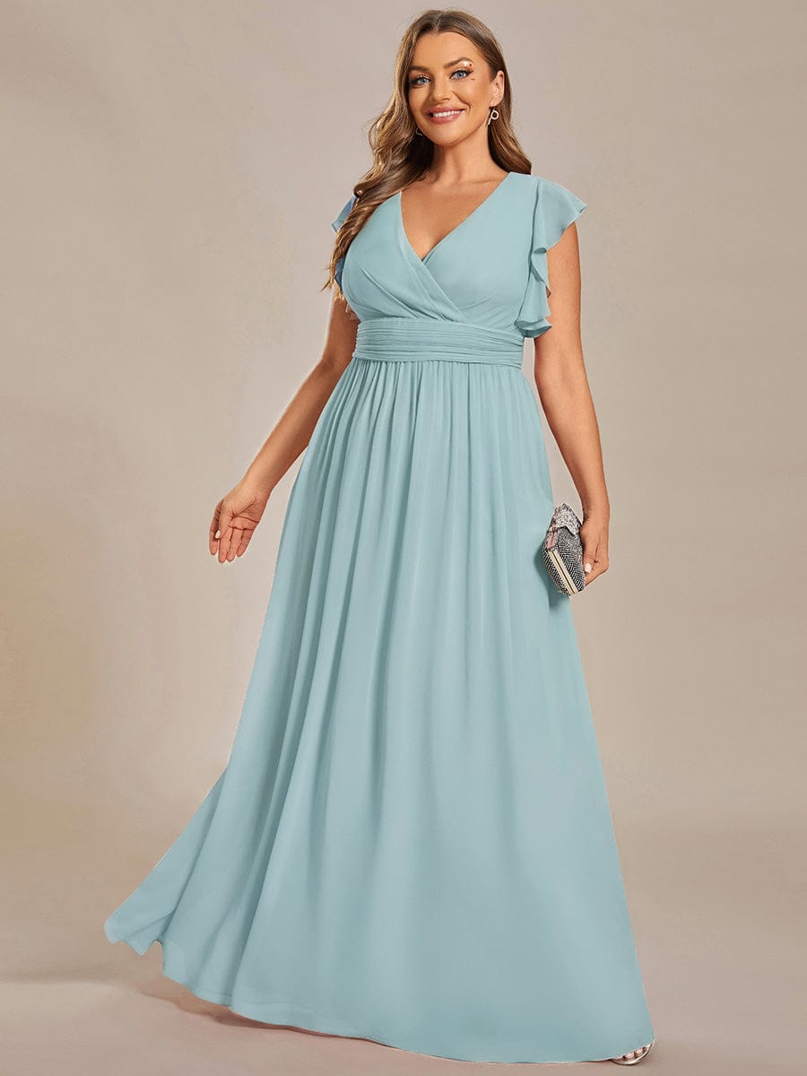 Plus Size V-Neck Open Back Ruffled Sleeves Chiffon Bridesmaid Dress #color_Sky Blue