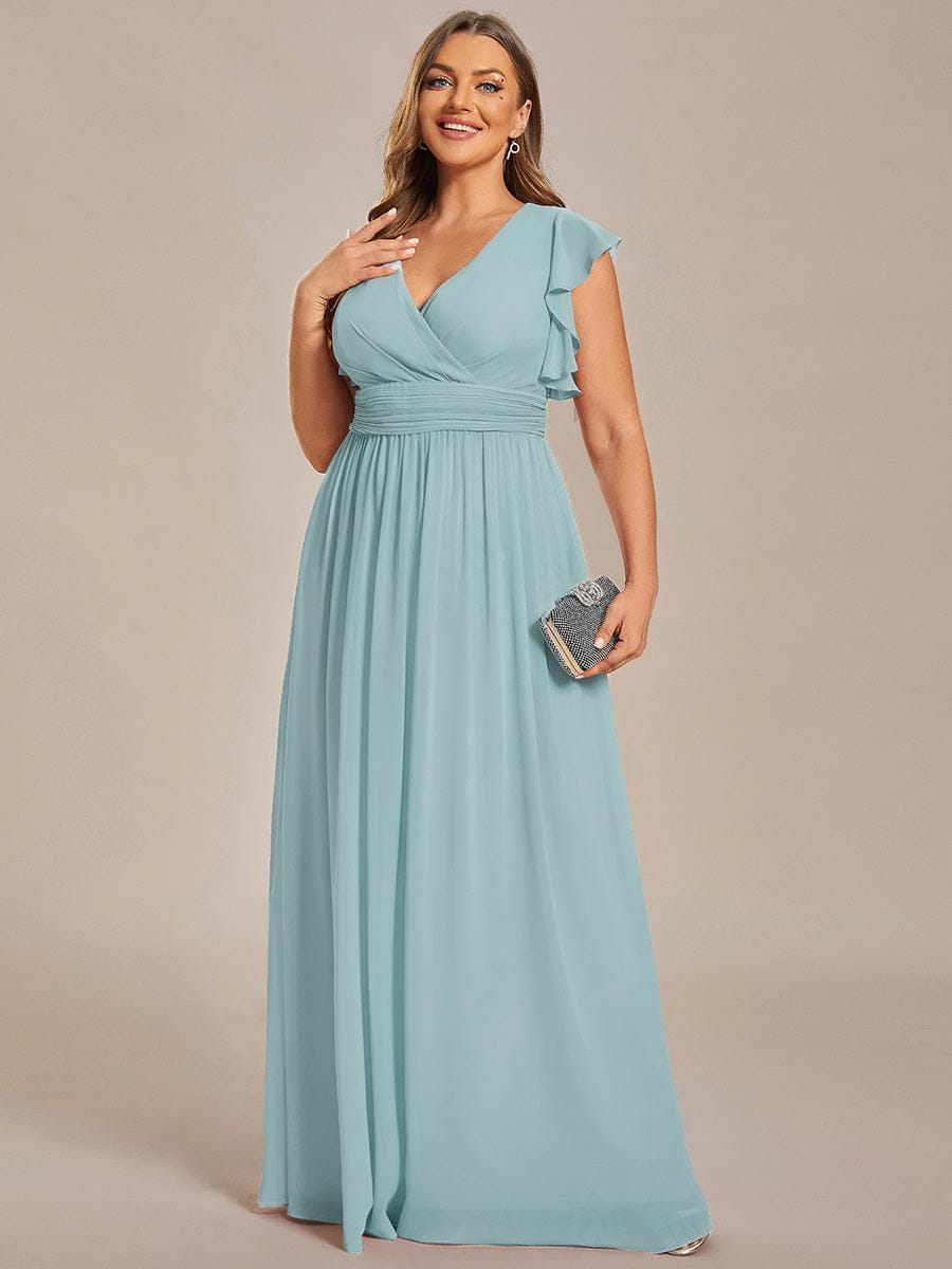Plus Size V-Neck Open Back Ruffled Sleeves Chiffon Bridesmaid Dress #color_Sky Blue
