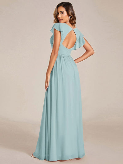 Elegant V-Neck Open Back Chiffon Dress with Ruffled Sleeves in Black #color_Sky Blue