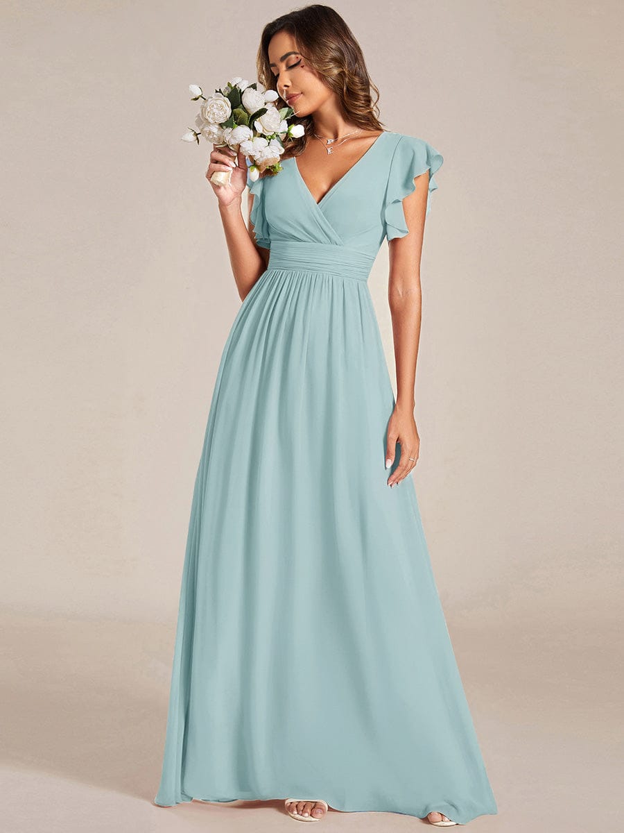 Elegant V-Neck Open Back Chiffon Dress with Ruffled Sleeves in Black #color_Sky Blue