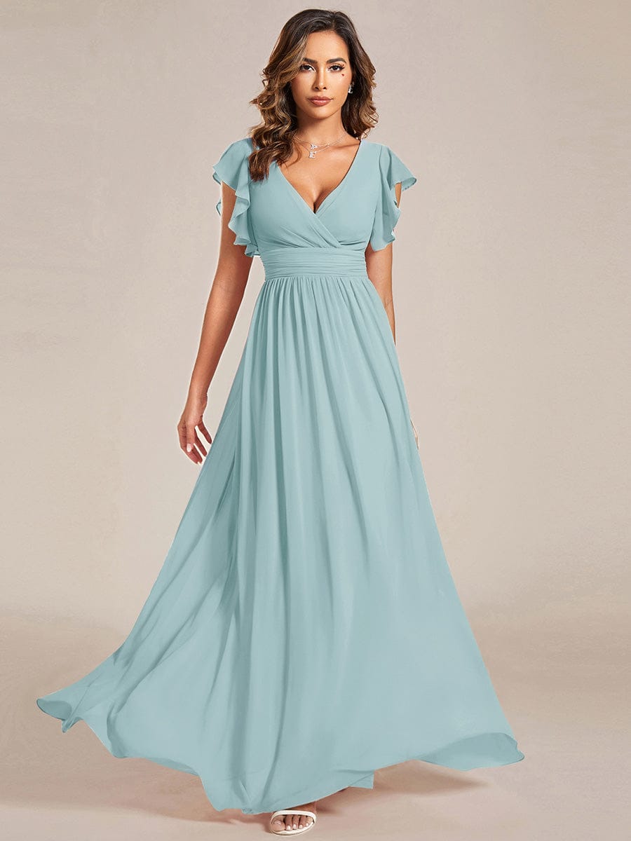 Elegant V-Neck Open Back Chiffon Dress with Ruffled Sleeves in Black #color_Sky Blue