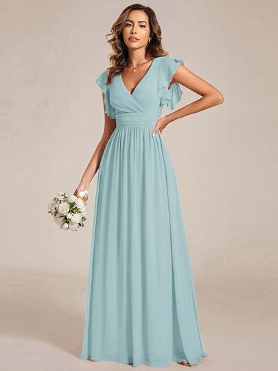 Elegant V-Neck Open Back Chiffon Dress with Ruffled Sleeves in Black #color_Sky Blue