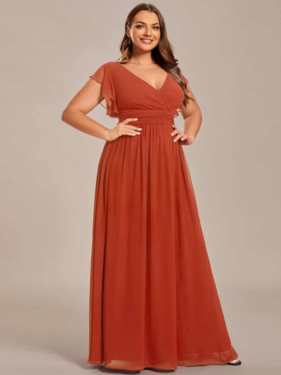 Plus Size V-Neck Open Back Ruffled Sleeves Chiffon Bridesmaid Dress #color_Burnt Orange