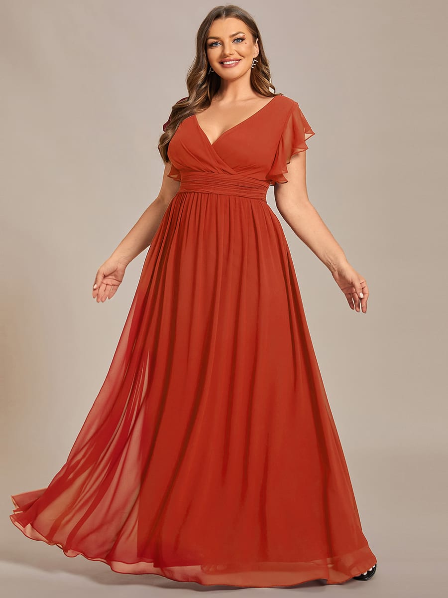 Plus Size V-Neck Open Back Ruffled Sleeves Chiffon Bridesmaid Dress #color_Burnt Orange