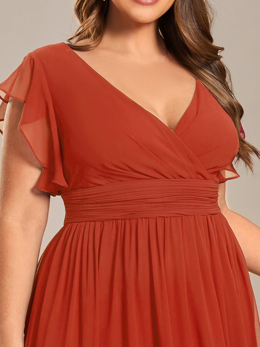 Plus Size V-Neck Open Back Ruffled Sleeves Chiffon Bridesmaid Dress #color_Burnt Orange