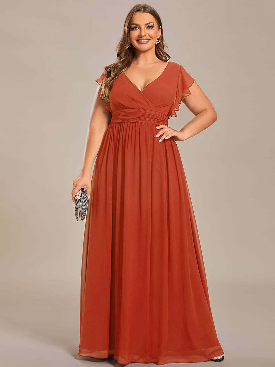 Plus Size V-Neck Open Back Ruffled Sleeves Chiffon Bridesmaid Dress #color_Burnt Orange