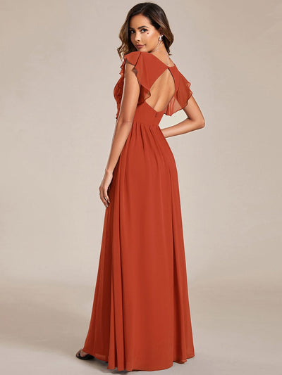 ever LILYANA|Elegant V-Neck Open Back Chiffon Bridesmaid Dress with Ruffled Sleeves
