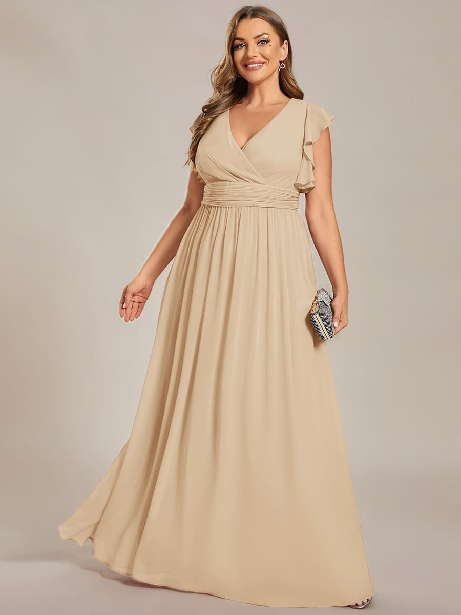 ever LILYANA|Floral V-Neck Open Back Ruffled Sleeves Chiffon Bridesmaid Dress #color_Champagne