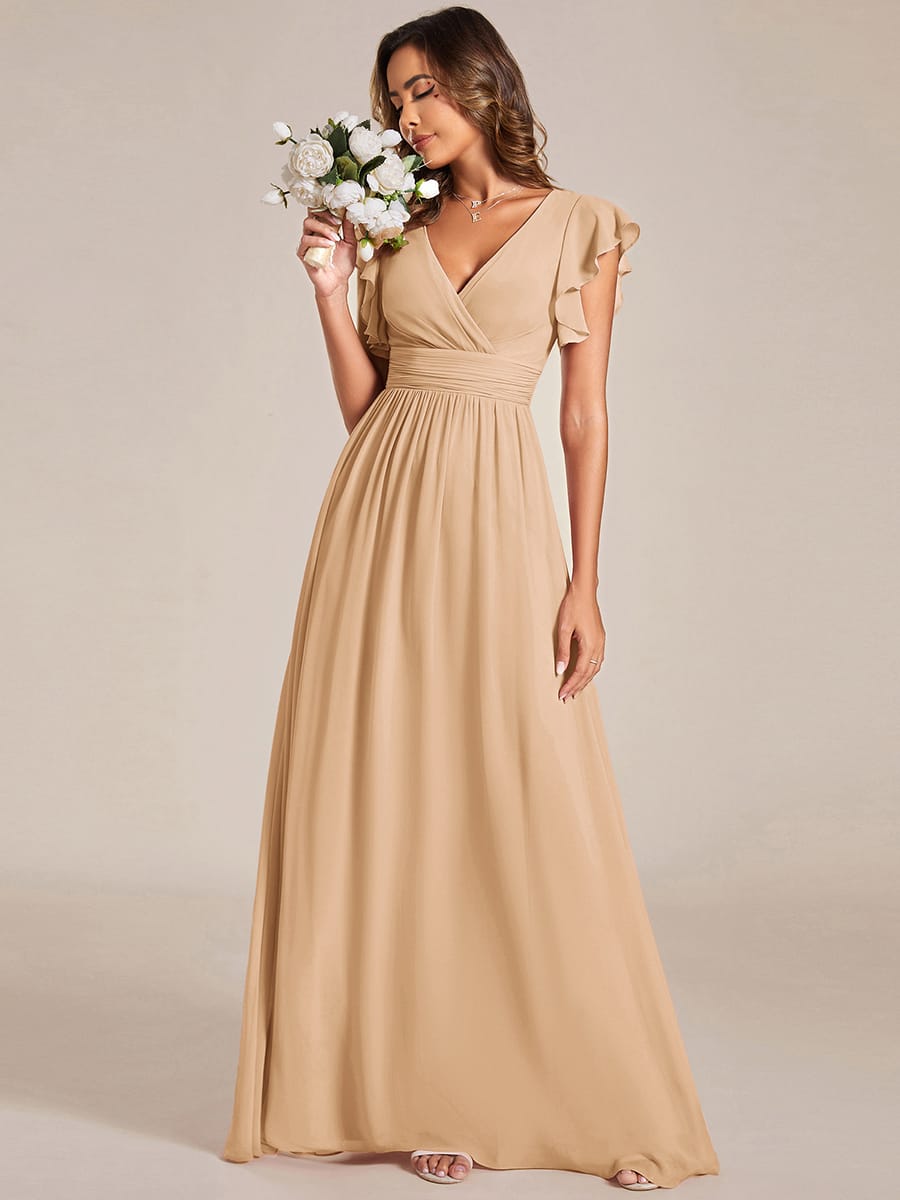 ever LILYANA|Floral V-Neck Open Back Ruffled Sleeves Chiffon Bridesmaid Dress #color_Champagne