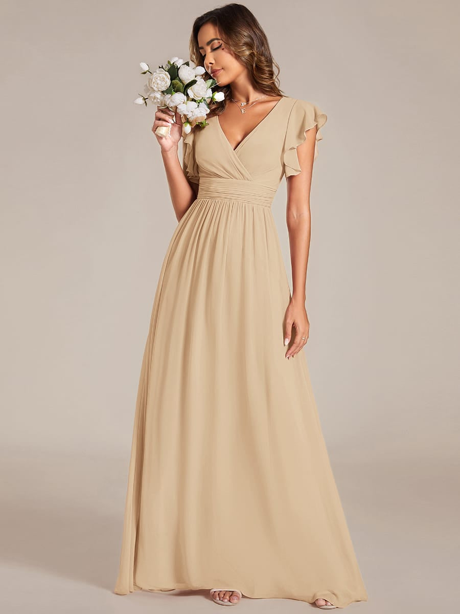 ever LILYANA|Floral V-Neck Open Back Ruffled Sleeves Chiffon Bridesmaid Dress #color_Champagne
