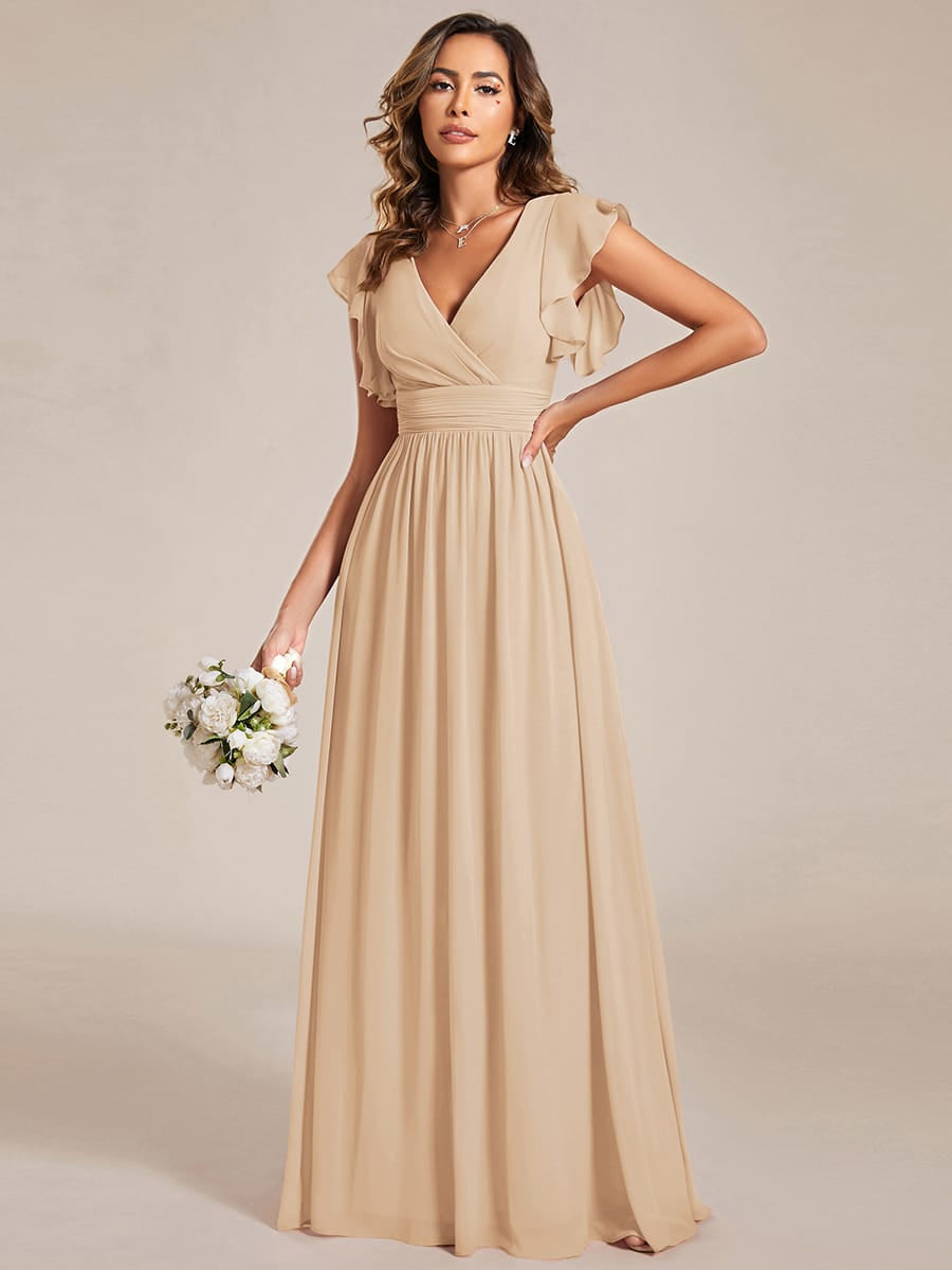 ever LILYANA|Floral V-Neck Open Back Ruffled Sleeves Chiffon Bridesmaid Dress #color_Champagne