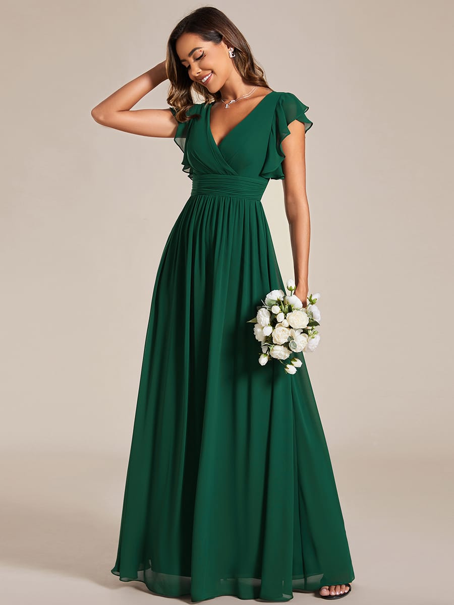 LILYANA Elegant V Neck Open Back Chiffon Bridesmaid Dress Ruffled Sleeves