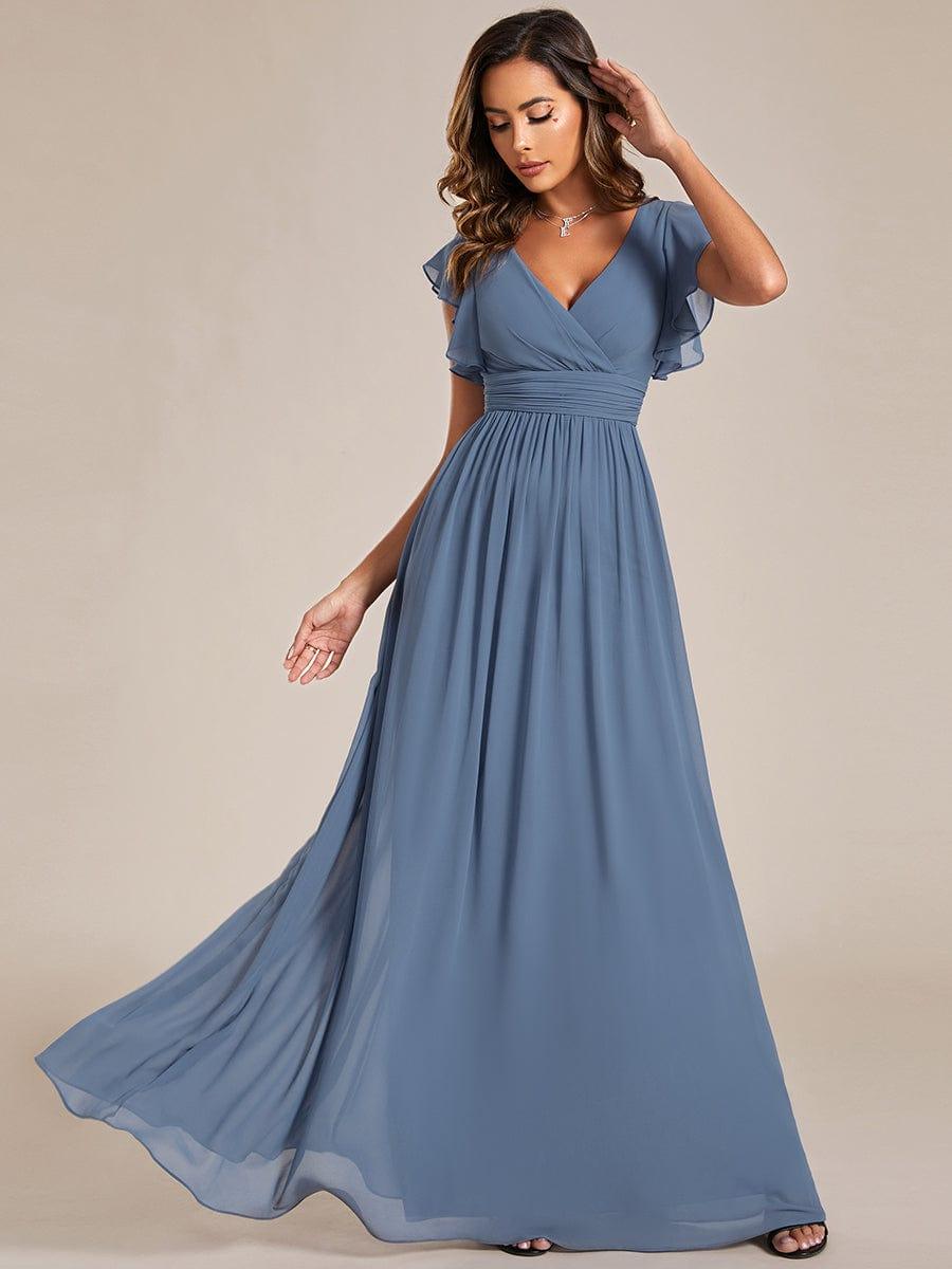 Custom Size Elegant V-Neck Open Back Chiffon Bridesmaid Dress with Ruffled Sleeves #color_Dusty Blue