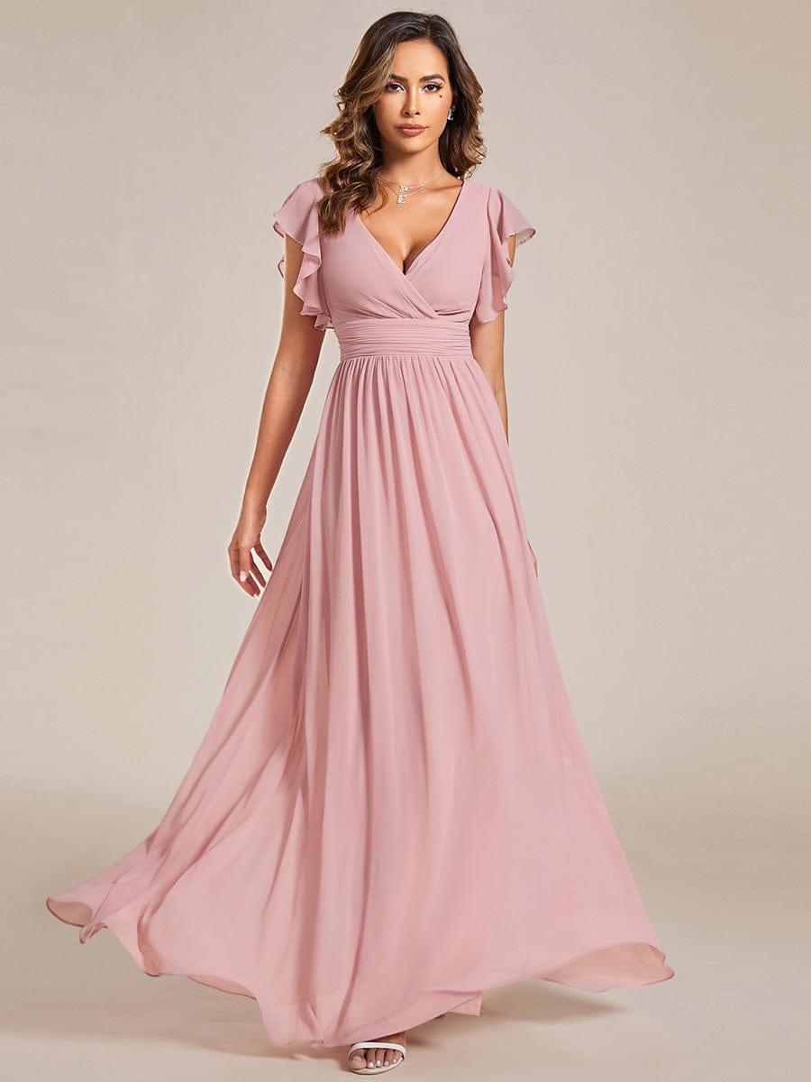 Custom Size Elegant V-Neck Open Back Chiffon Bridesmaid Dress with Ruffled Sleeves #color_Dusty Rose
