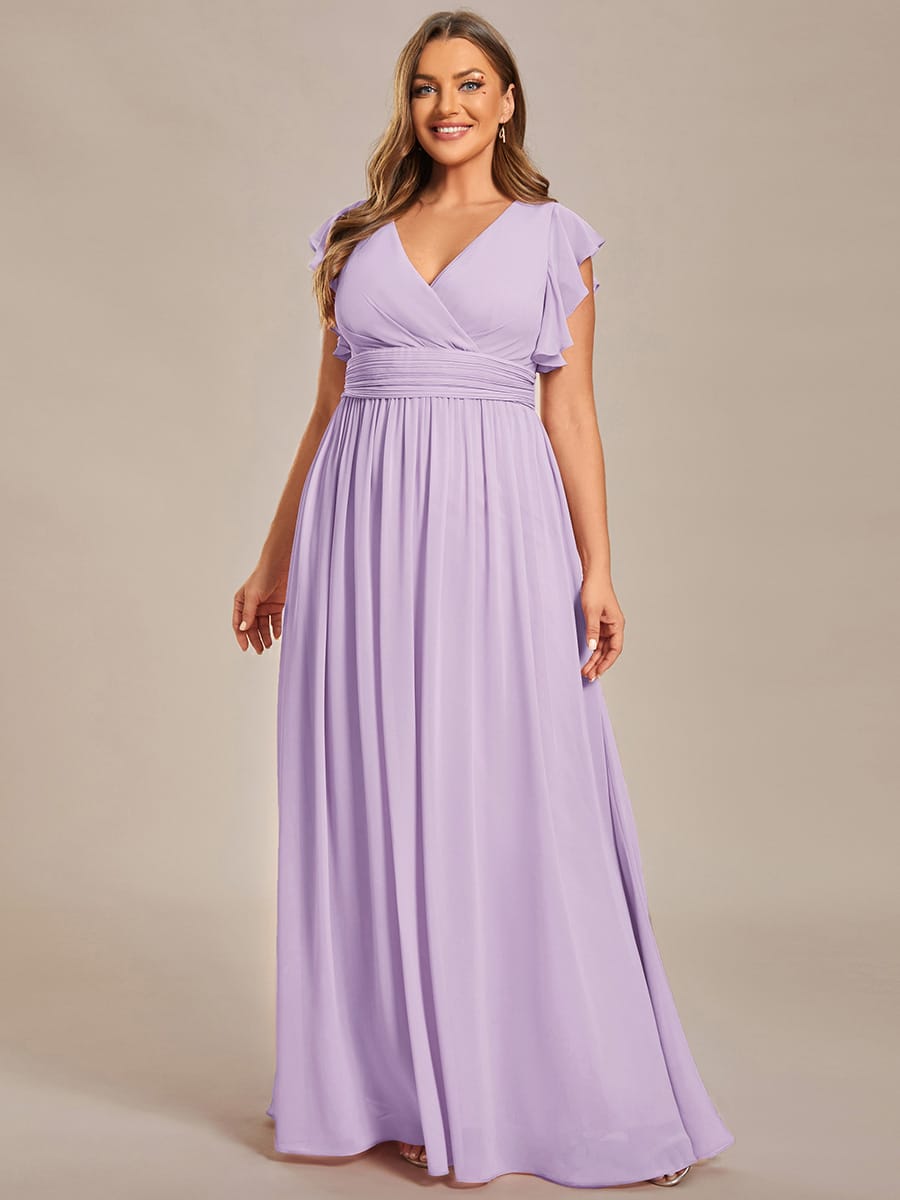 Plus Size V-Neck Open Back Ruffled Sleeves Chiffon Bridesmaid Dress #color_Frosted Lilac