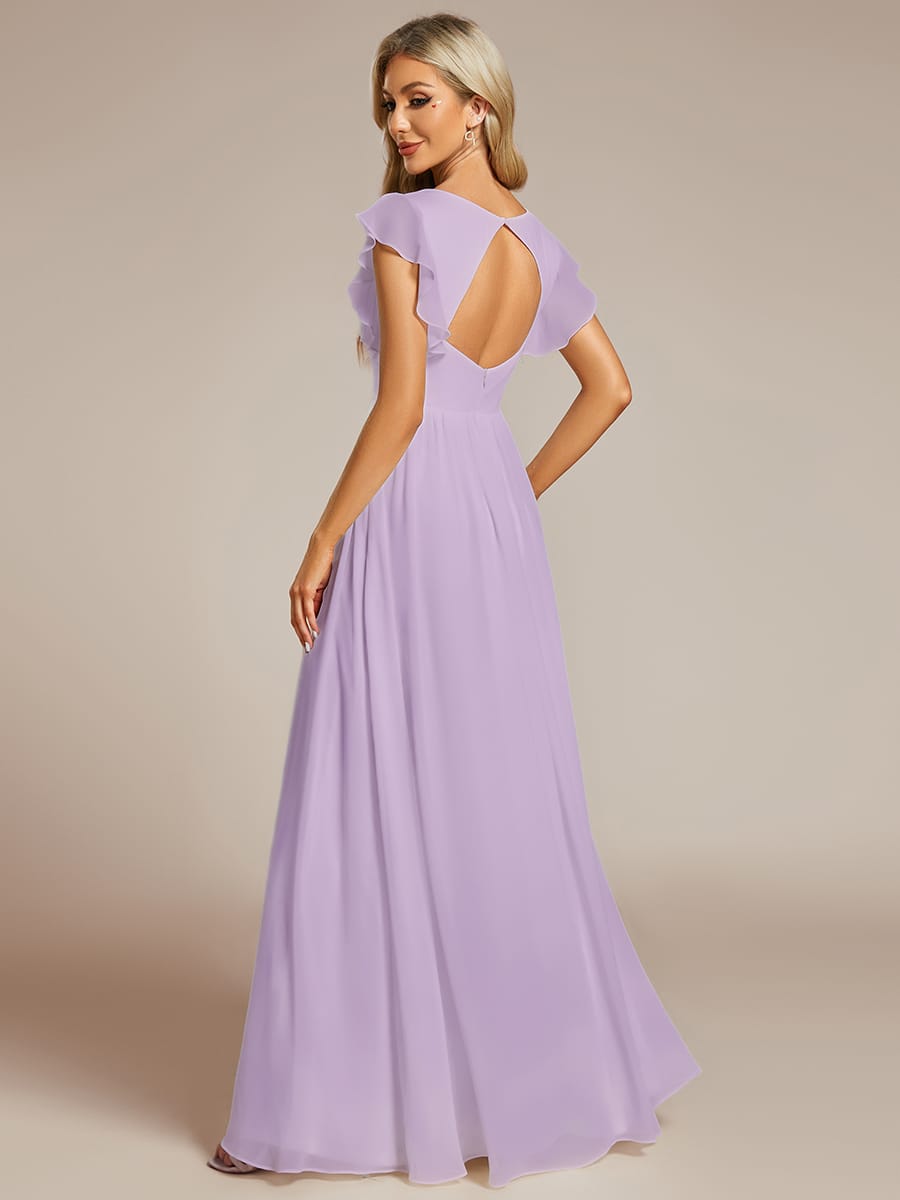 Elegant V-Neck Open Back Chiffon Bridesmaid Dress with Ruffled Sleeves #color_Frosted Lilac