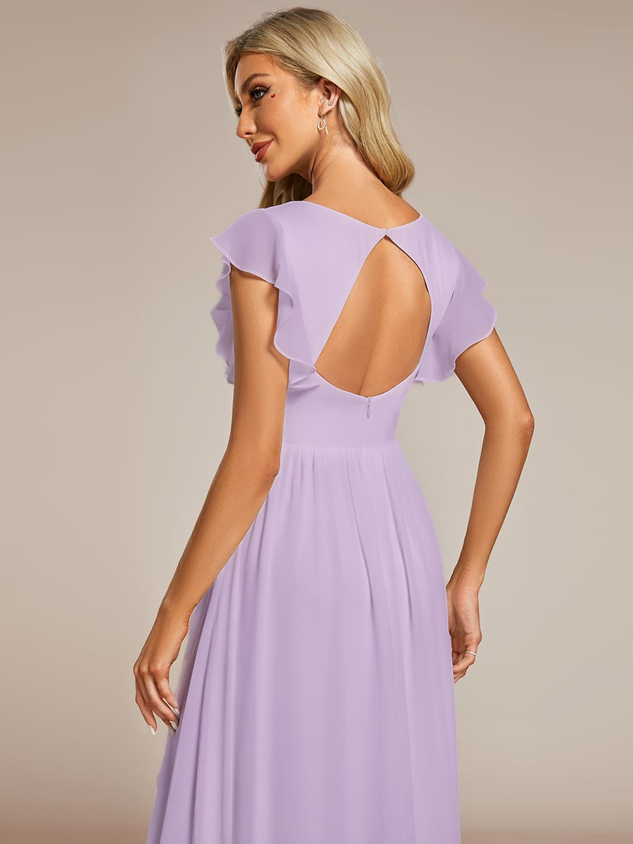 Elegant V-Neck Open Back Chiffon Bridesmaid Dress with Ruffled Sleeves #color_Frosted Lilac