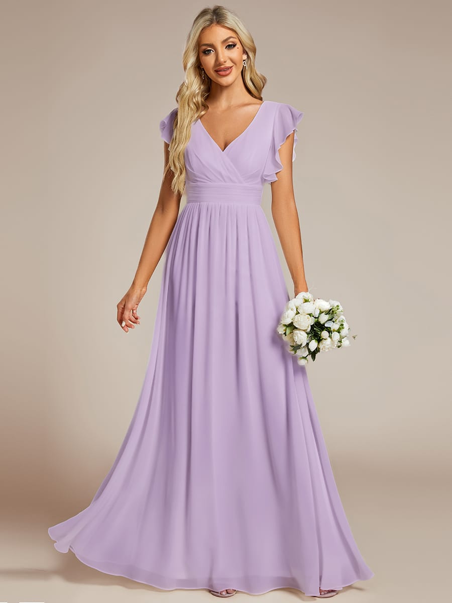 Elegant V-Neck Open Back Chiffon Bridesmaid Dress with Ruffled Sleeves #color_Frosted Lilac