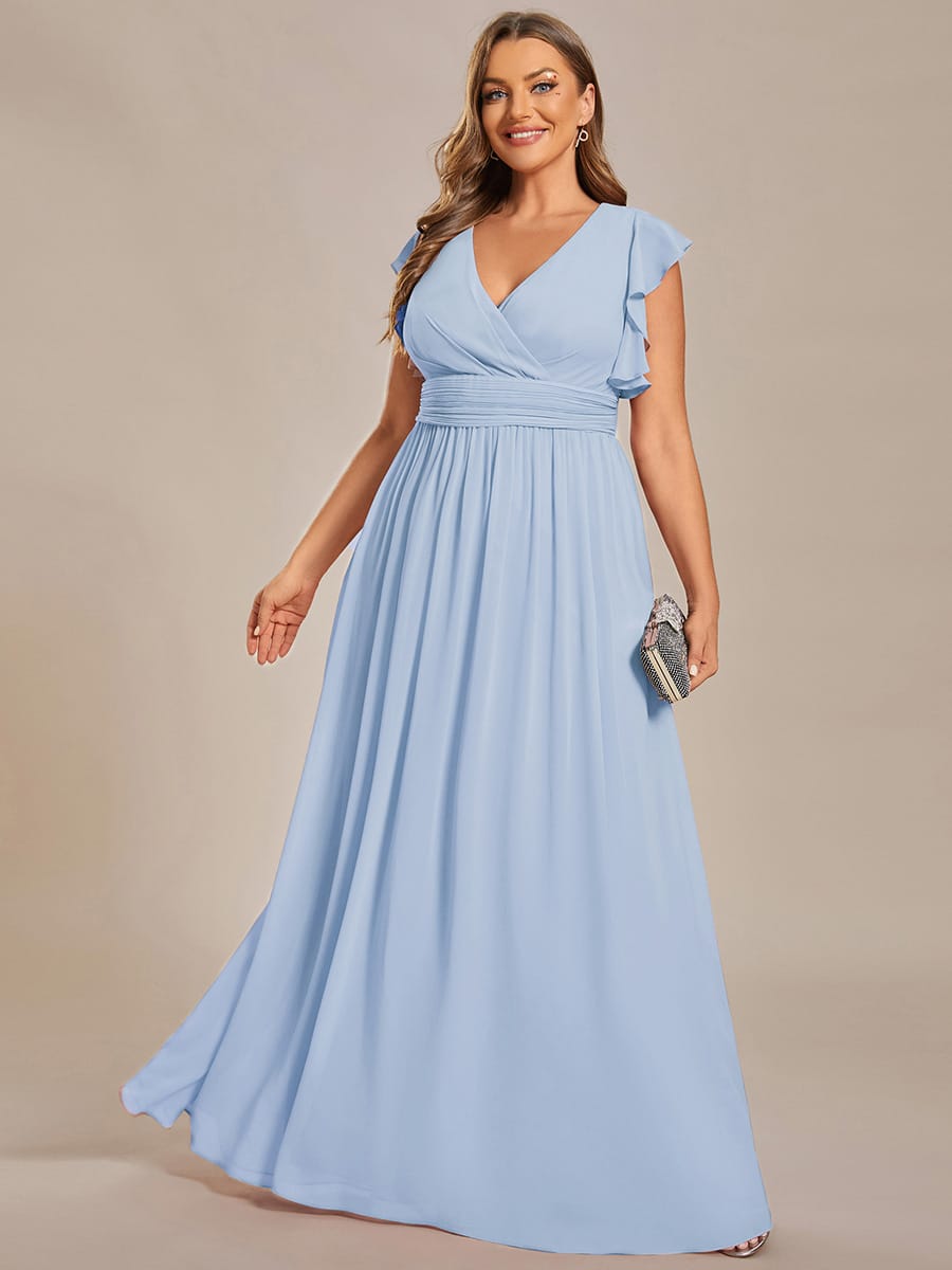 Plus Size V-Neck Open Back Ruffled Sleeves Chiffon Bridesmaid Dress #color_Ice Blue