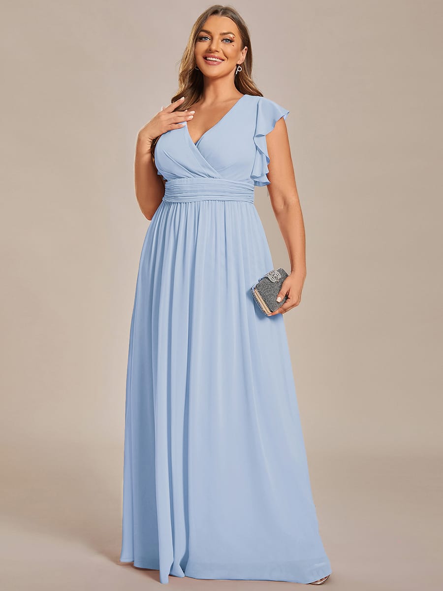 Plus Size V-Neck Open Back Ruffled Sleeves Chiffon Bridesmaid Dress #color_Ice Blue