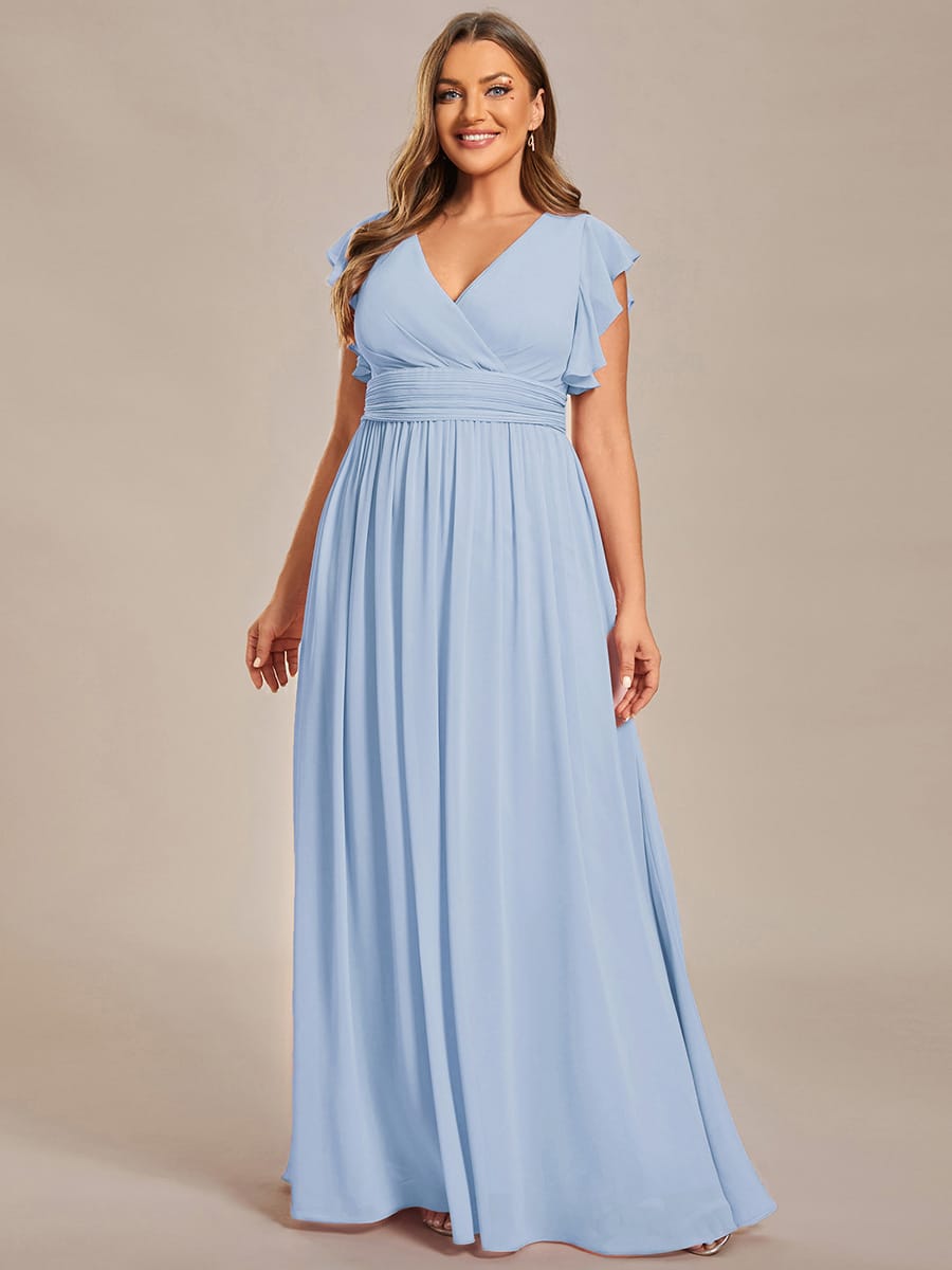 Plus Size V-Neck Open Back Ruffled Sleeves Chiffon Bridesmaid Dress #color_Ice Blue