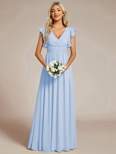 Elegant V-Neck Open Back Chiffon Bridesmaid Dress with Ruffled Sleeves #color_Ice Blue