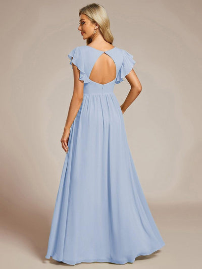 Elegant V-Neck Open Back Chiffon Bridesmaid Dress with Ruffled Sleeves #color_Ice Blue