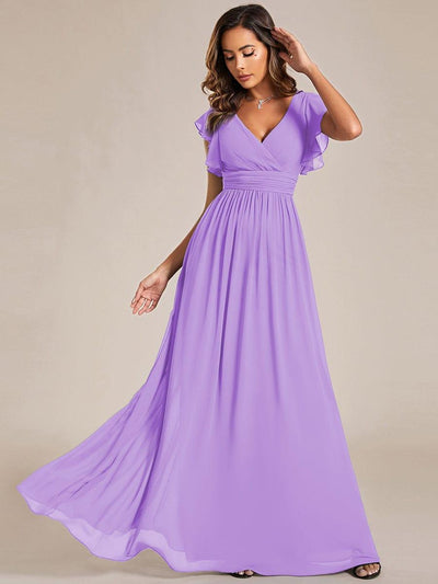Elegant V-Neck Open Back Chiffon Bridesmaid Dress with Ruffled Sleeves #color_Lavender