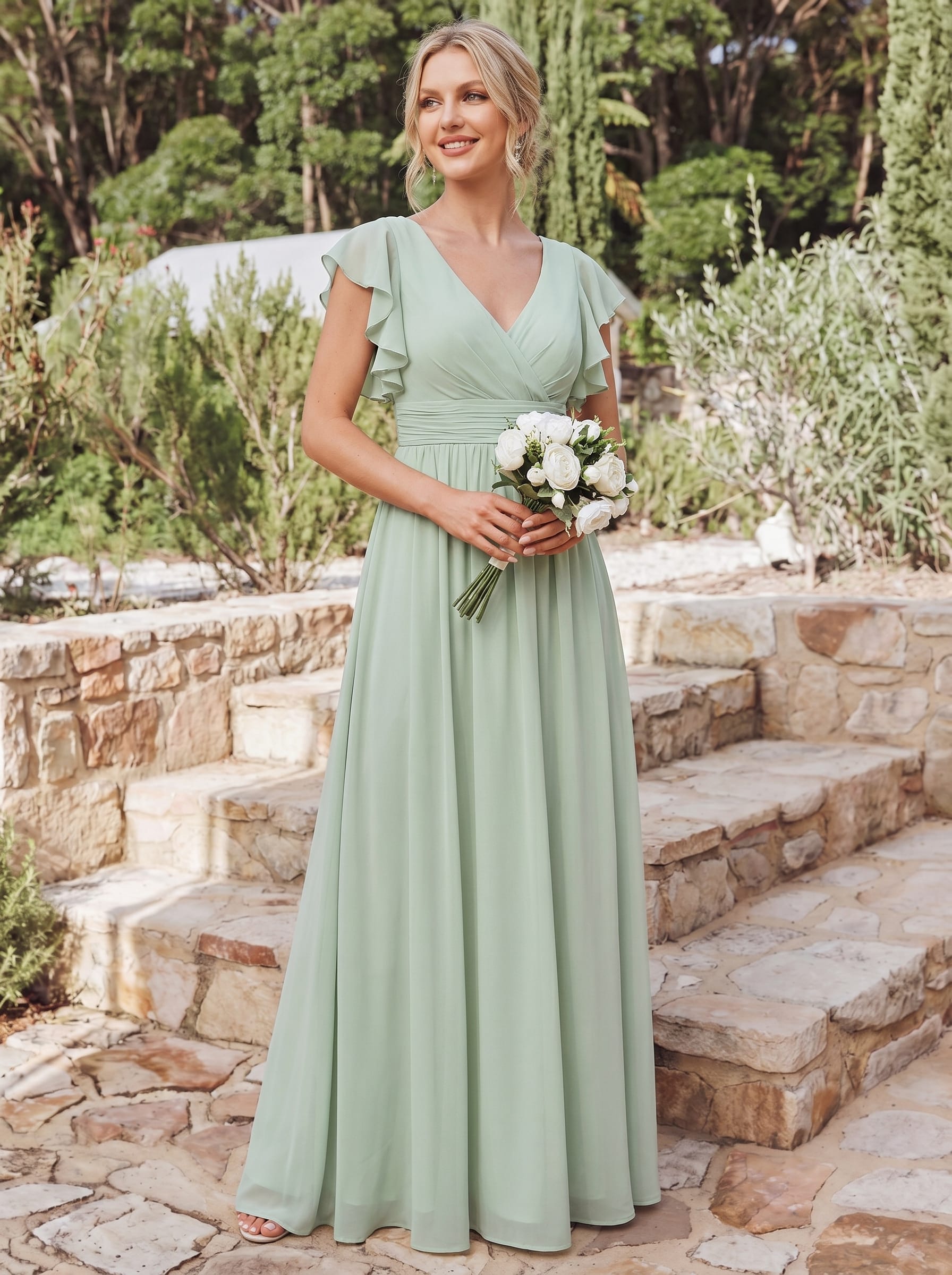 Elegant V-Neck Open Back Chiffon Bridesmaid Dress with Ruffled Sleeves #color_Mint Green