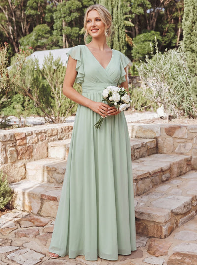 ever LILYANA|Elegant V-Neck Open Back Chiffon Bridesmaid Dress with Ruffled Sleeves
