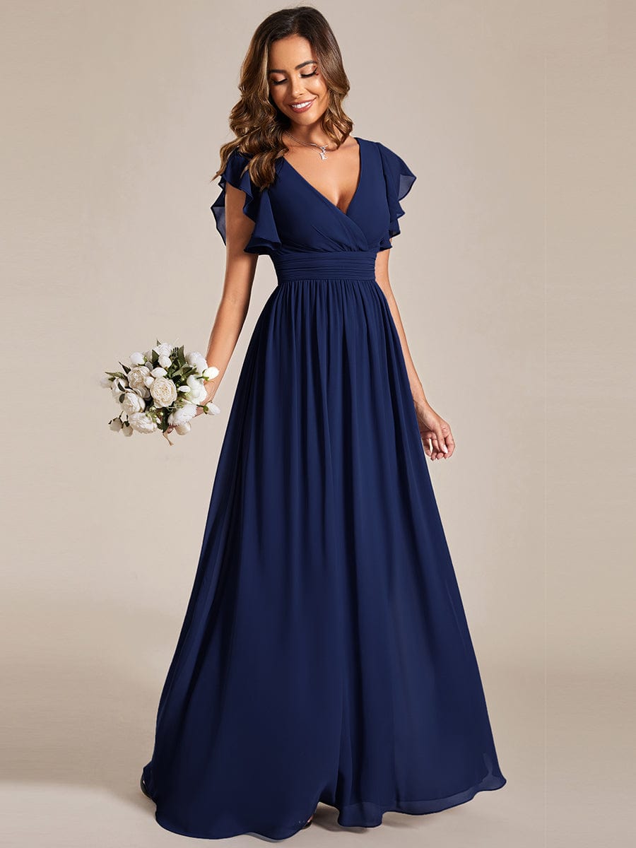 Custom Size Elegant V-Neck Open Back Chiffon Bridesmaid Dress with Ruffled Sleeves