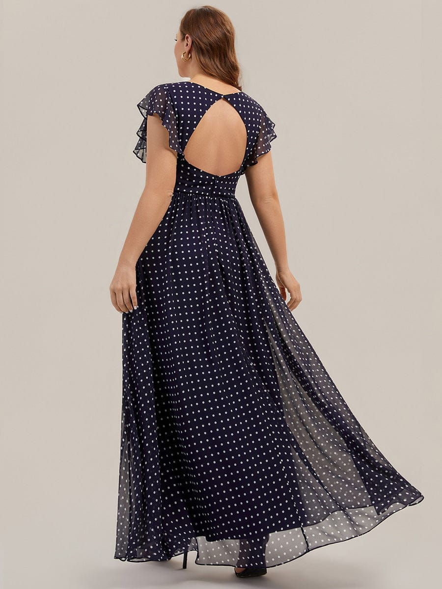 ever LILYANA|Floral V-Neck Open Back Ruffled Sleeves Chiffon Bridesmaid Dress #color_Navy Blue Polka Dots