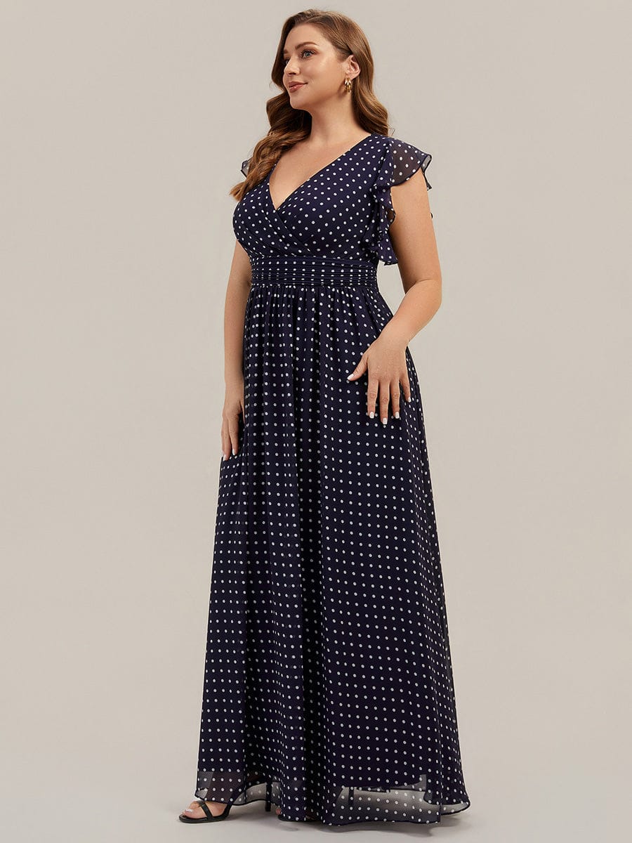ever LILYANA|Floral V-Neck Open Back Ruffled Sleeves Chiffon Bridesmaid Dress #color_Navy Blue Polka Dots