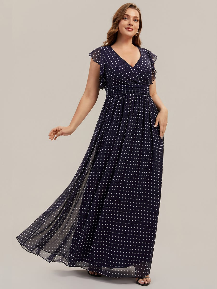 Plus Size V-Neck Open Back Ruffled Sleeves Chiffon Bridesmaid Dress #color_Navy Blue Polka Dots