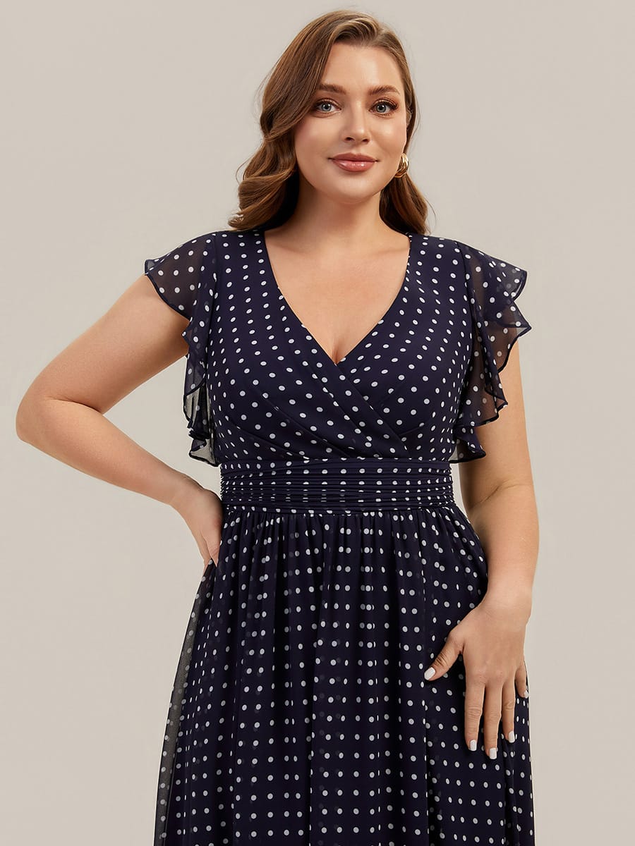 Plus Size V-Neck Open Back Ruffled Sleeves Chiffon Bridesmaid Dress #color_Navy Blue Polka Dots