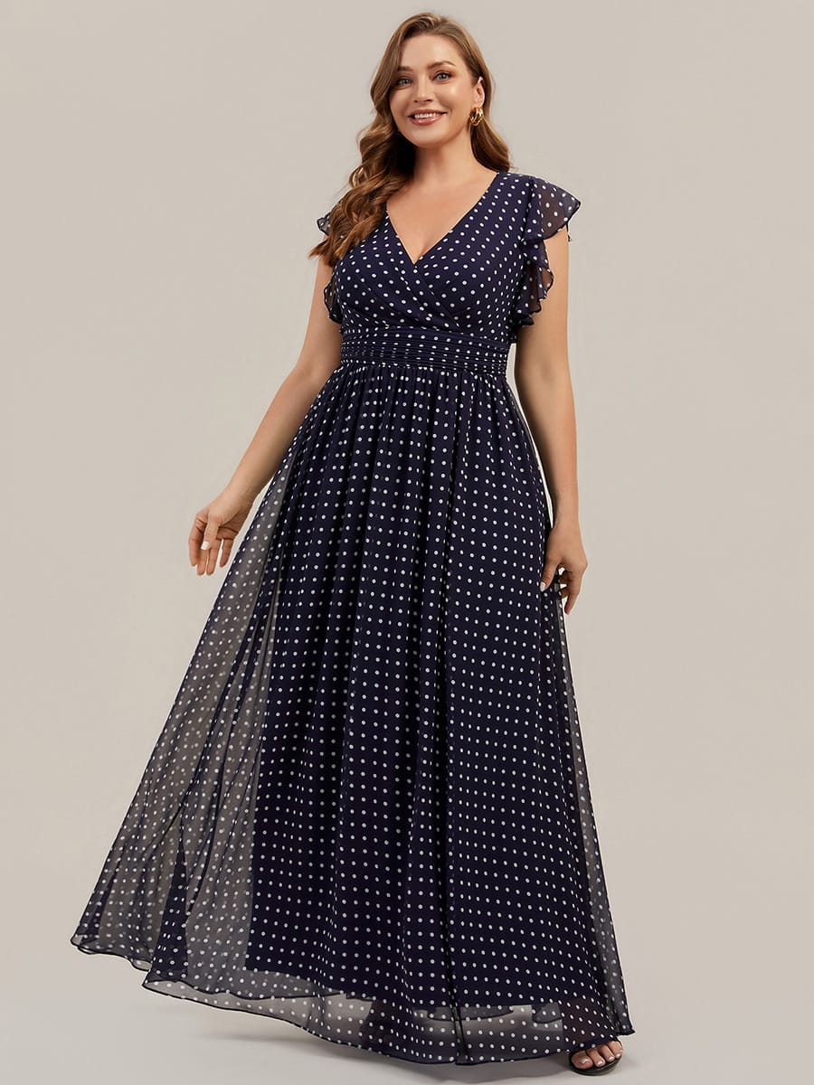 Plus Size V-Neck Open Back Ruffled Sleeves Chiffon Bridesmaid Dress #color_Navy Blue Polka Dots