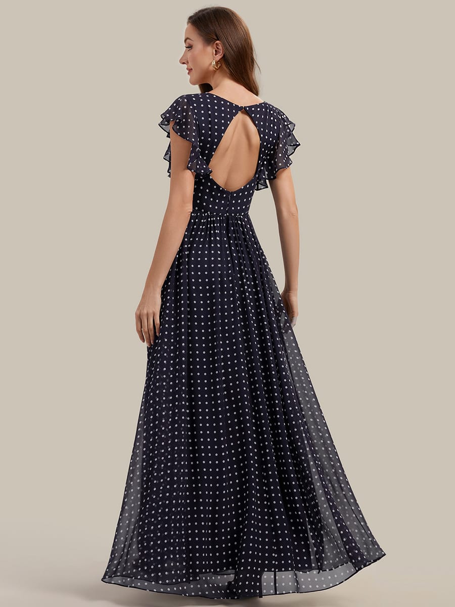 Elegant V-Neck Open Back Chiffon Bridesmaid Dress with Ruffled Sleeves #color_Navy Blue Polka Dots