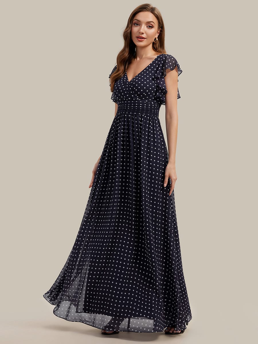 Elegant V-Neck Open Back Chiffon Bridesmaid Dress with Ruffled Sleeves #color_Navy Blue Polka Dots
