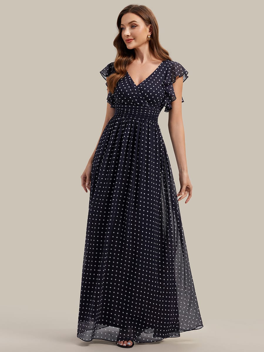 Elegant V-Neck Open Back Chiffon Bridesmaid Dress with Ruffled Sleeves #color_Navy Blue Polka Dots