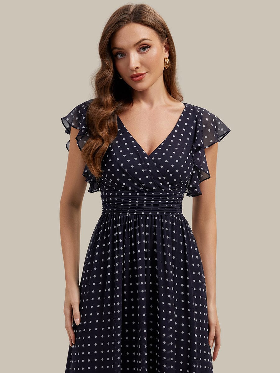 ever LILYANA|Floral V-Neck Open Back Ruffled Sleeves Chiffon Bridesmaid Dress #color_Navy Blue Polka Dots