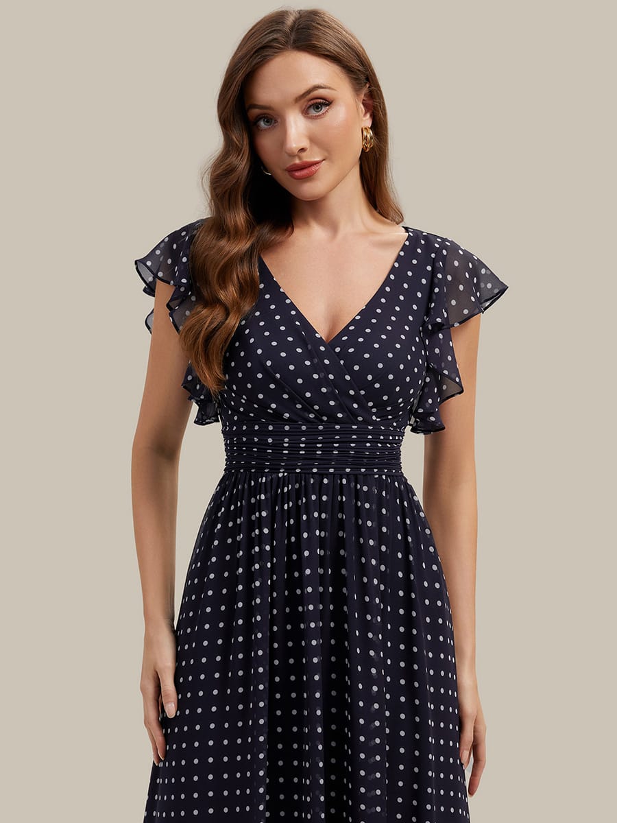 Elegant V-Neck Open Back Chiffon Bridesmaid Dress with Ruffled Sleeves #color_Navy Blue Polka Dots