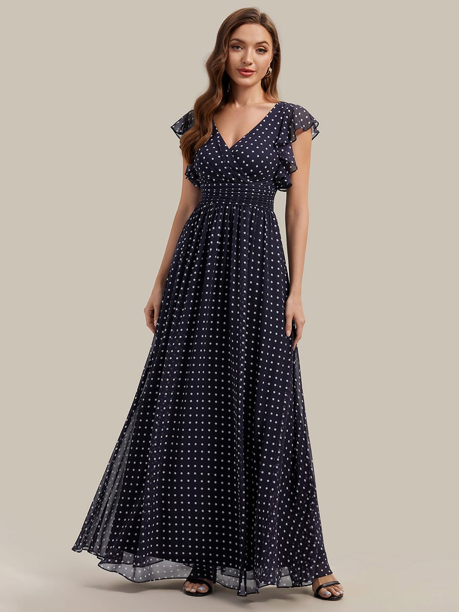 Elegant V-Neck Open Back Chiffon Bridesmaid Dress with Ruffled Sleeves #color_Navy Blue Polka Dots
