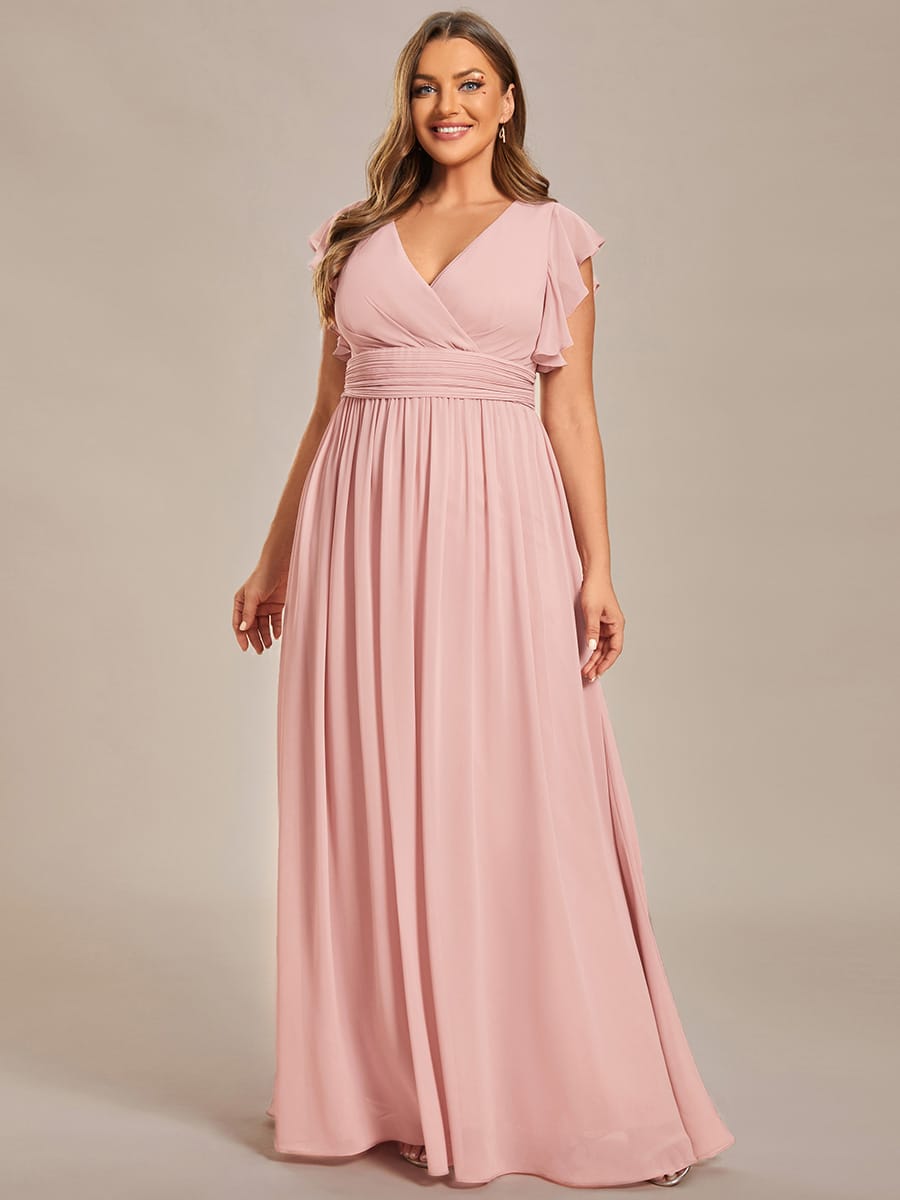 Plus Size V-Neck Open Back Ruffled Sleeves Chiffon Bridesmaid Dress #color_Pink