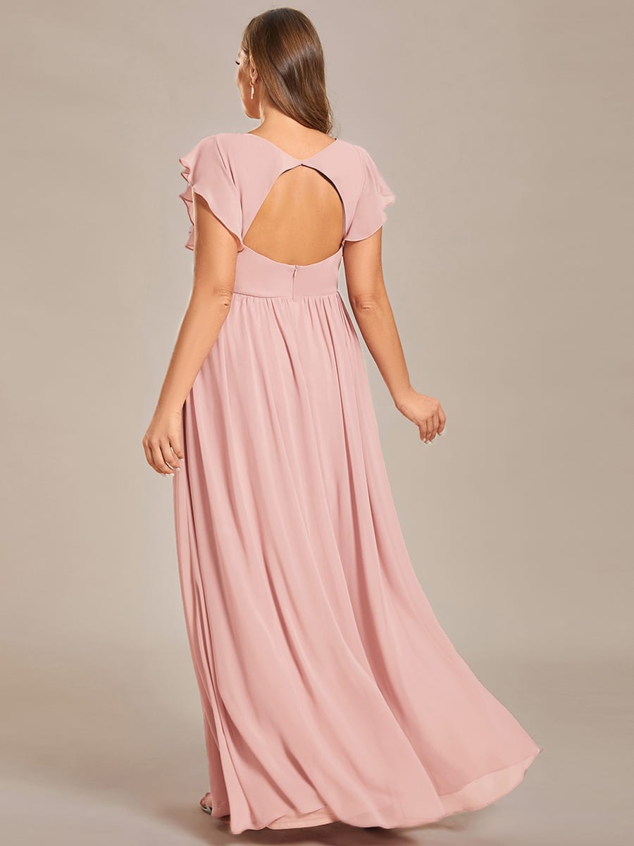 Plus Size V-Neck Open Back Ruffled Sleeves Chiffon Bridesmaid Dress #color_Pink