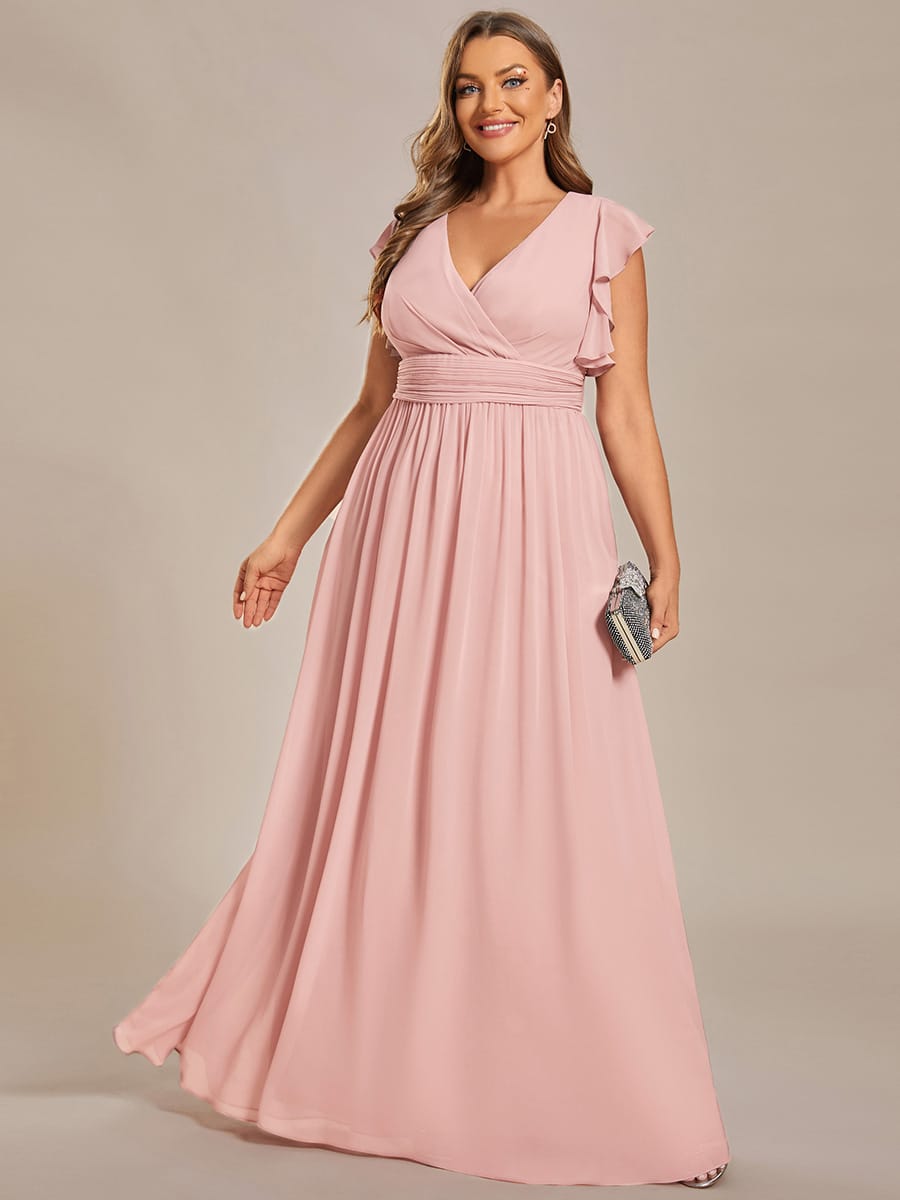 Plus Size V-Neck Open Back Ruffled Sleeves Chiffon Bridesmaid Dress #color_Pink