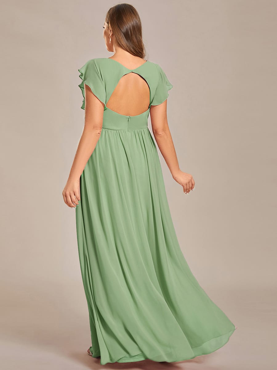 Plus Size V-Neck Open Back Ruffled Sleeves Chiffon Bridesmaid Dress #color_Sage Green